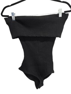 Mara Hoffman Black Ribbed Off-Shoulder Lorraine Bodysuit  XS Extra Small